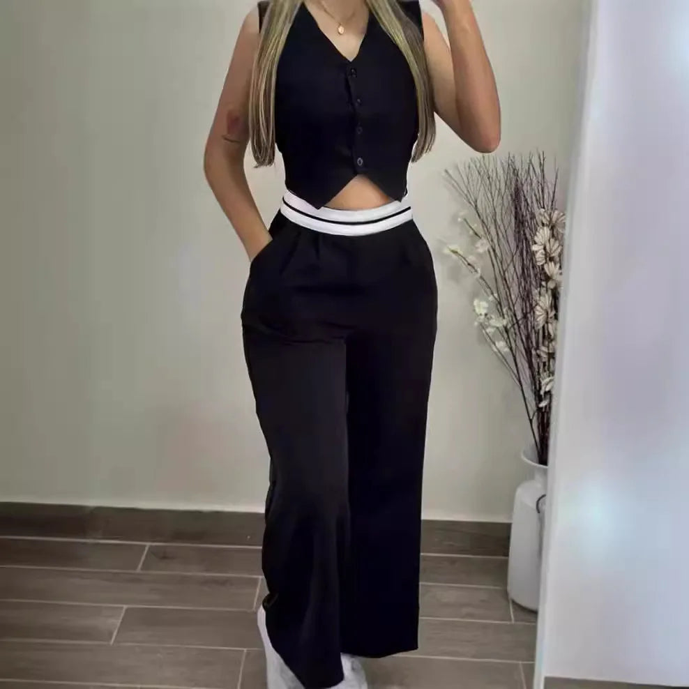 Women's Sexy Black 2 Piece Sets Fashion Hot Girls Wear Contrasting Color V-neck Waistcoat  Wide-leg Trousers Casual Suits Women Good Vibrations