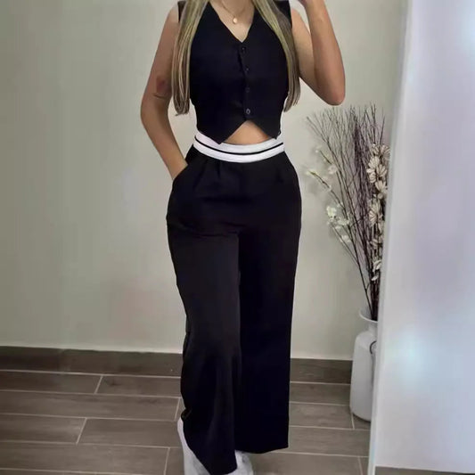 Women's Sexy Black 2 Piece Sets Fashion Hot Girls Wear Contrasting Color V-neck Waistcoat  Wide-leg Trousers Casual Suits Women Good Vibrations