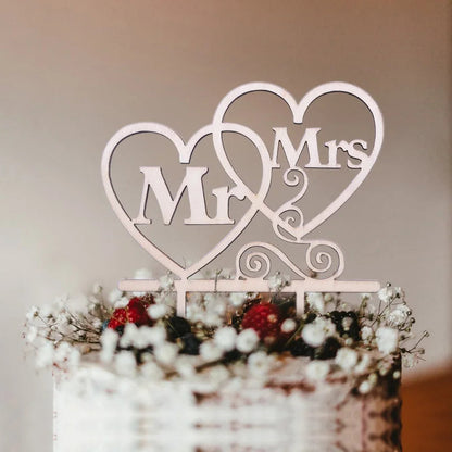 1Pcs Hollow Letter Love Just Married Mr&Mrs Cake Topper Bride and Groom Wooden Wedding Cake Topper For Wedding Party Supplies Good Vibrations