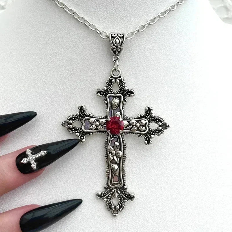 Y2K Punk Crystal Big Cross Pendant Necklaces for Women Men Gothic Irregular Cross Clavicle Chain Necklaces Aesthetic Jewelry Good Vibrations