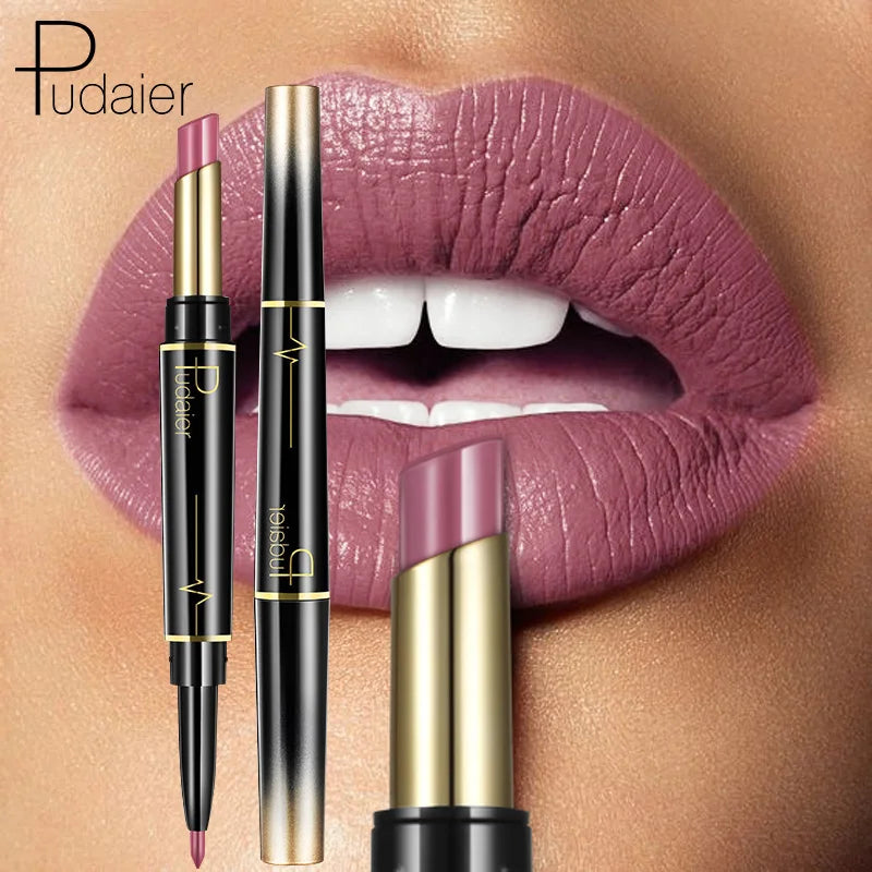 Pudaier Makeup 2 in 1 Matte Lipstick & Lip Liner Nude Lip Stick Pencil Make up Cosmetics Lip Balm Matt Cream Lipbalm Lipliner Good Vibrations