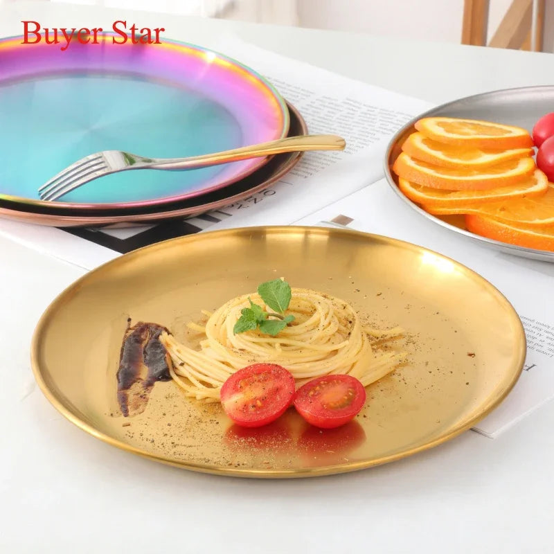 Stainless Steel Dinner Plates European Style Dessert Plate Kitchen Serving Dishes Salad Plate Cake Tray Western Steak Round Tray Good Vibrations