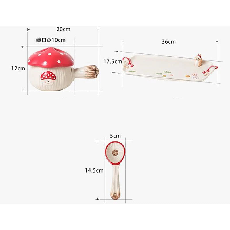 Red Mushroom Handle Bowl with Lid Creative Ceramic Breakfast Fruit Dessert Plate Creative Mushroom Salad Bowl Spoon Cutlery New Good Vibrations