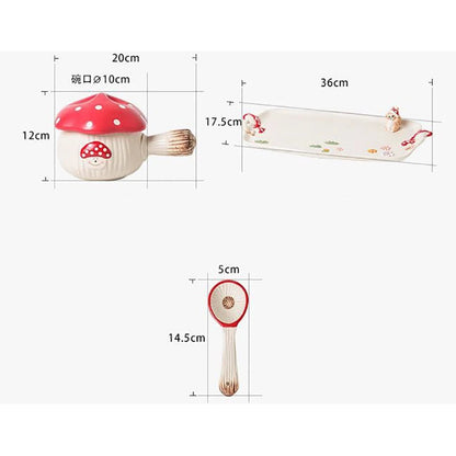 Red Mushroom Handle Bowl with Lid Creative Ceramic Breakfast Fruit Dessert Plate Creative Mushroom Salad Bowl Spoon Cutlery New Good Vibrations