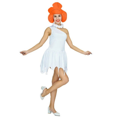 Women Blue Halter Sleeveless Dress for Betty Rubble Costume with Wig Headdress Adult Fred Flintstone Costume Good Vibrations