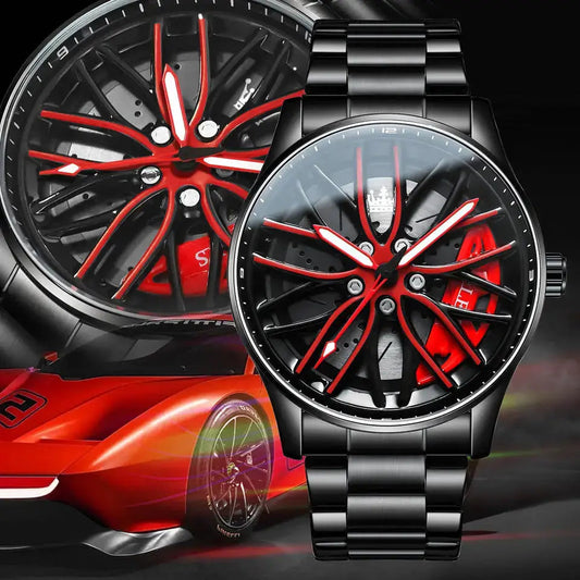 OLEVS Watch for Men 360° Rotary Dial Sport Car Rim Wheel Hub Waterproof Luminous Fashion Stainless Steel Men's Quartz Wristwatch Good Vibrations