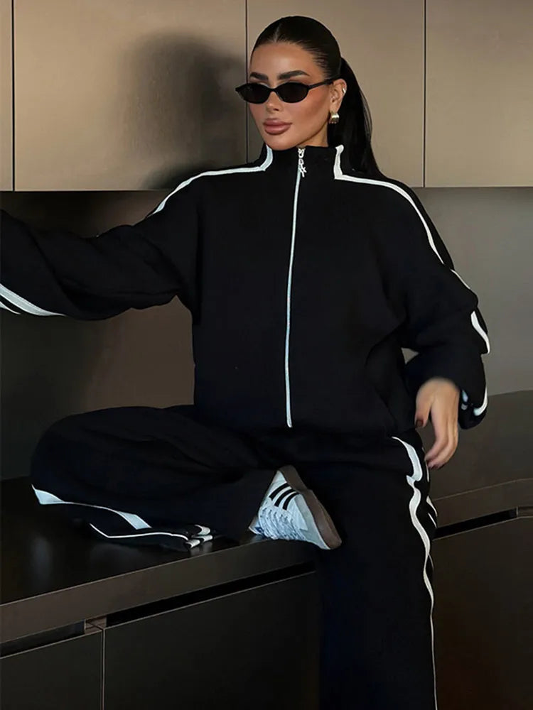 Stripe Contrasted Sweatshirt Pant Set Women Casual Stand Collar Full Sleeve Zippers Sport Coat Wide Leg Trousers 2 Piece Sets Good Vibrations