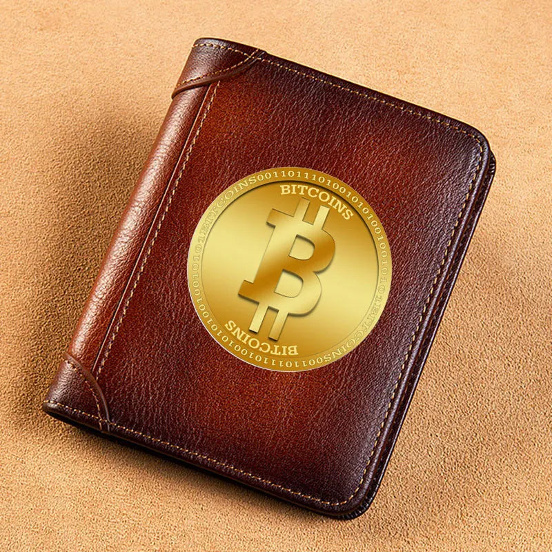 High Quality Genuine Leather Men Wallets Golden Bitcoin Sign Printing Short Card Holder Purse Billfold Men's Wallet BK1003 Good Vibrations