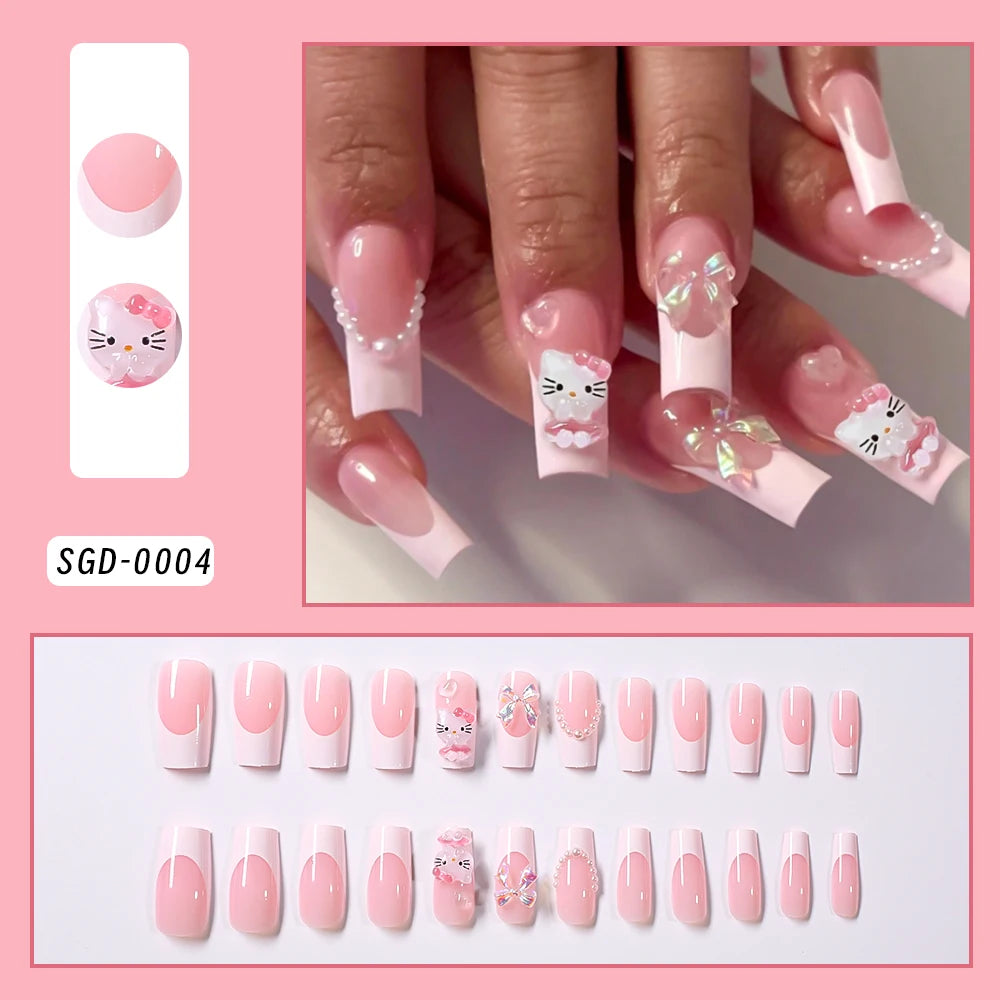 Pink French Fake Nails 3D Pink Hello Kitty, Aurora Bow, Pearl Design False Nail Medium Coffin Shaped Full Cover Press On Nails Good Vibrations