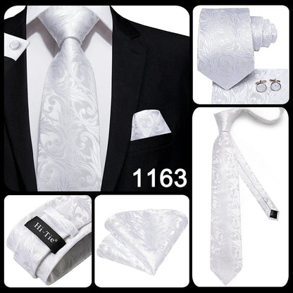 Men's Ties White Sliver Hanky Cufflinks Set Silk Neck ties For Men Wedding Party Business Mens Tie 2022 New Fashion Brand Hi-Tie Good Vibrations