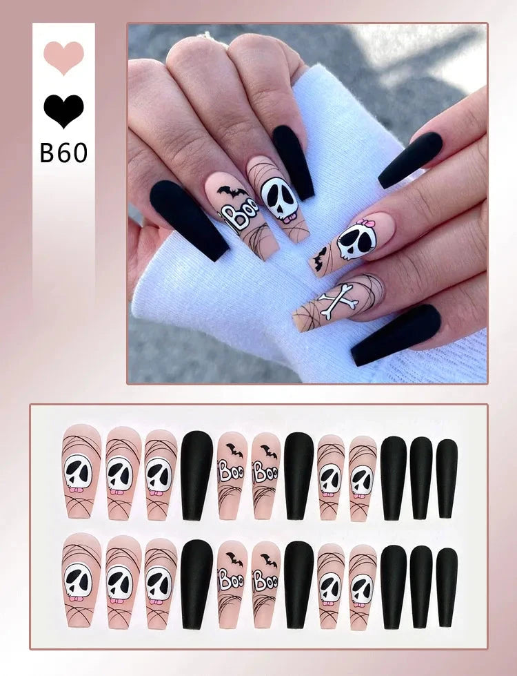 24pcs Halloween Nails Glitter Pink Sequin Fake Nail Patch Scary Skull Love Heart Pattern Artificial Nails Full Cover Wearable Good Vibrations