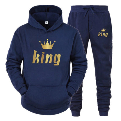 Fashion Long Sleeves KING And QUEEN Printed Hooded Suits Autumn Winter Couple Hoodie + Pants 2-Piece Suit Good Vibrations