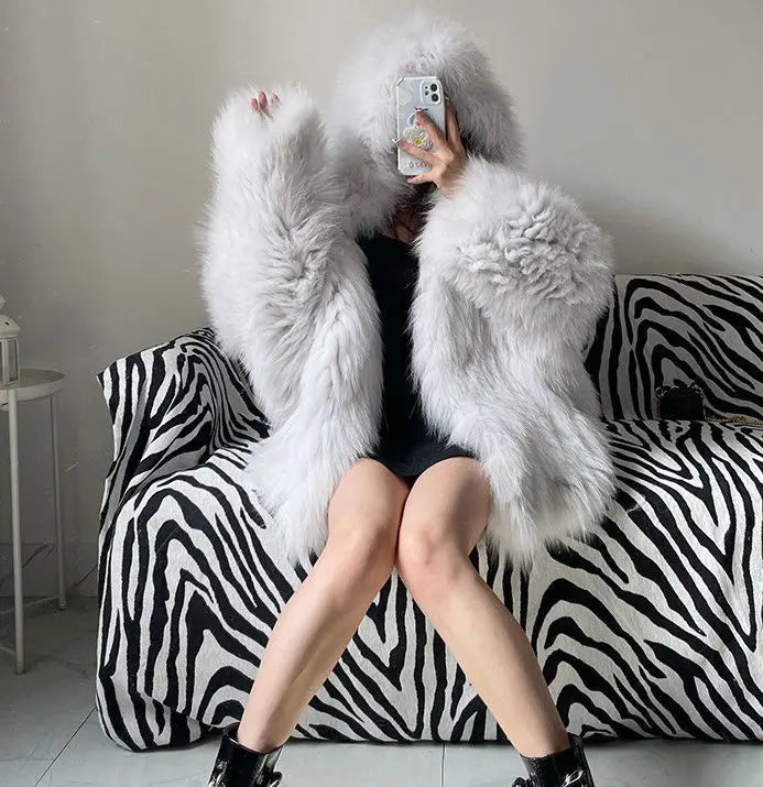 Faux Fur Jackets for Women Autumn Winter Short Bat Maxi Hooded Coats Warm Thick Coat Loose Open Stitch Jacket Y2k Streetwear Good Vibrations