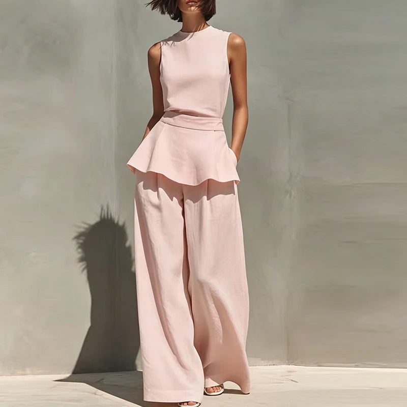 Office Lady Outfits Women Fashion Two Piece Set Summer Sleeveless O Neck Vest Sleeveless Shirt High Waist Pants Suit Work Wear Good Vibrations