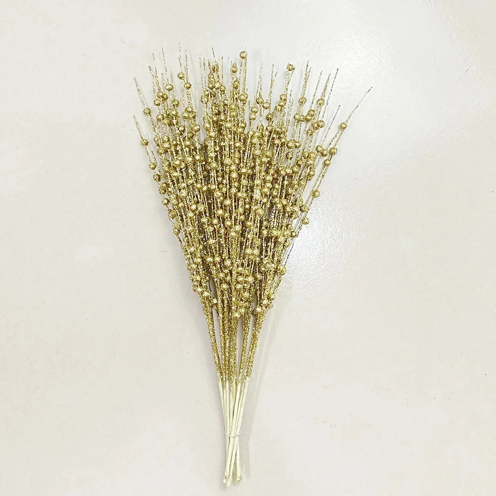 Christmas Tree Decoration, Fake Glitter Berry Leave, Dried Branch, Golden Powder, Flower Material, New Year Party, 1Pc, 12 Forks Good Vibrations