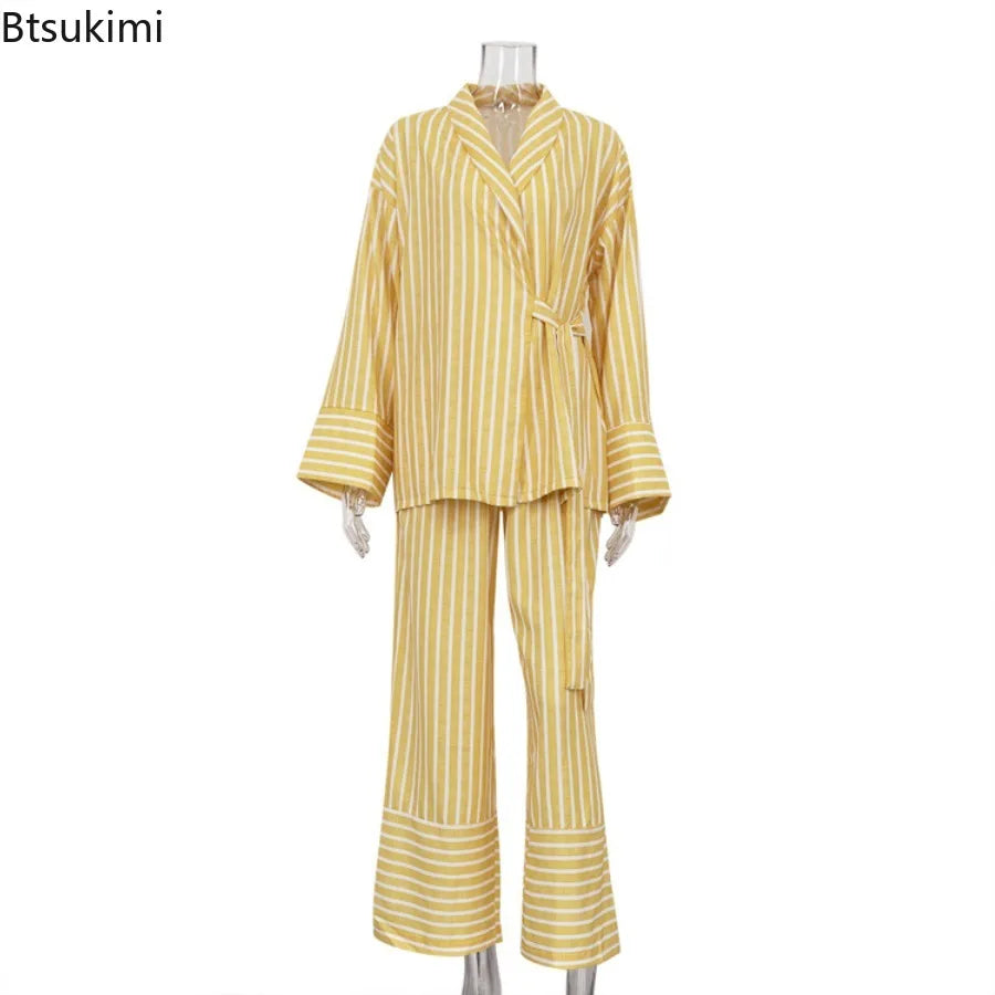 Women's Two-piece Set  Autumn New Striped Long-sleeved Loose Lace-up Top High-waisted Trousers Fashion Casual Suit for Women Good Vibrations