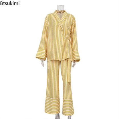 Women's Two-piece Set  Autumn New Striped Long-sleeved Loose Lace-up Top High-waisted Trousers Fashion Casual Suit for Women Good Vibrations