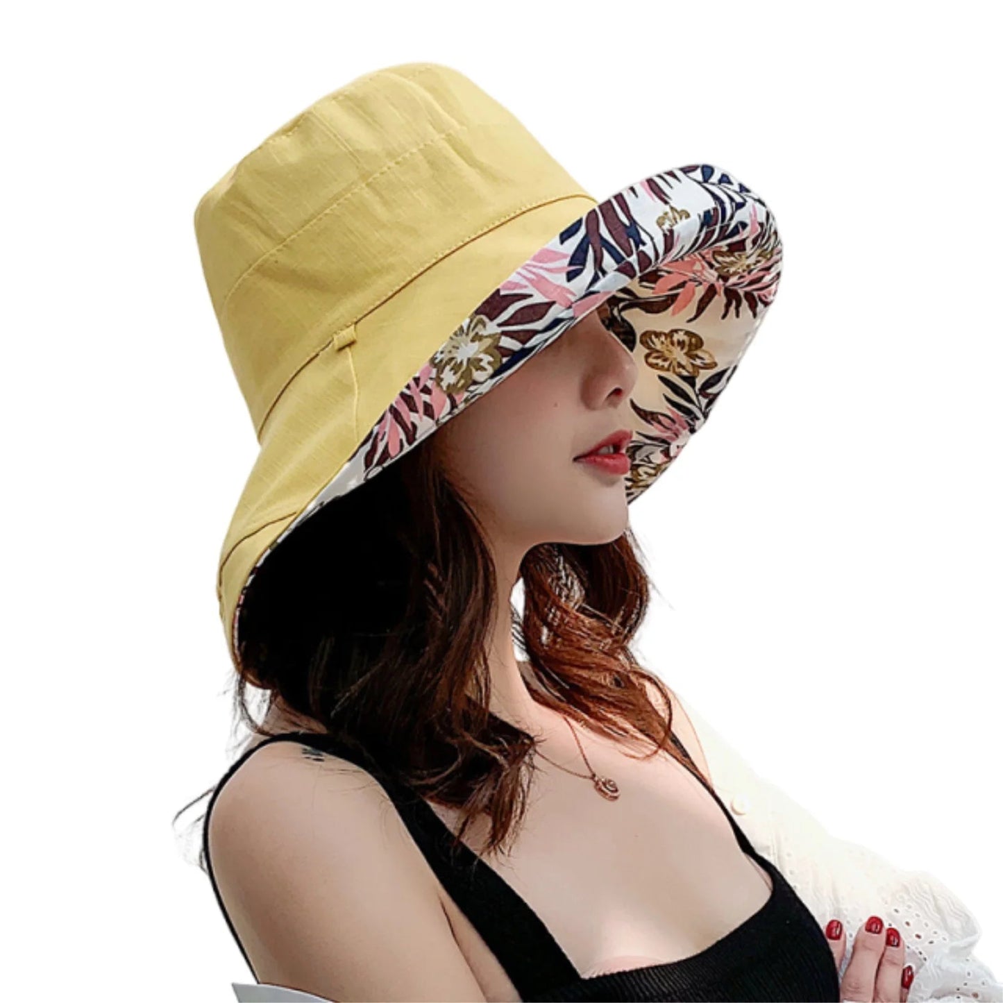 Women Bucket Hat, Elegant Flower Print Wide Brim Sun Visor Hat Lightweight Summer Panama Cap Good Vibrations
