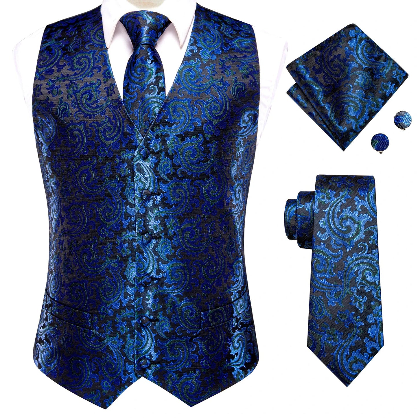 Hi-Tie Black Men Silk Vest Paisley Jacquard Necktie Hankerchief Cufflinks Sets Male Sleeveless V-Neck Waistcoat Business Formal Good Vibrations