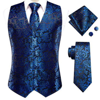 Hi-Tie Black Men Silk Vest Paisley Jacquard Necktie Hankerchief Cufflinks Sets Male Sleeveless V-Neck Waistcoat Business Formal Good Vibrations