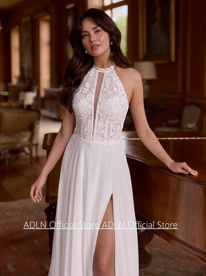 Halter Wedding Dress Customized Sleeveless Bohemian Lace High Split Open Back Court Train Beach Bridal Gown for Woman Good Vibrations