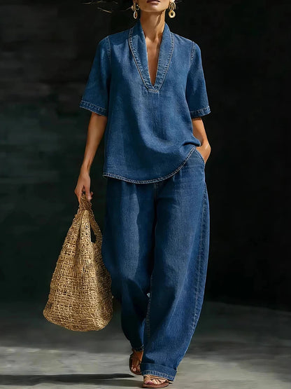 Women Denim Two Piece Set V Neck Half Sleeve Top T-Shirt Loose Wide Leg Pants Casual Outfit Streetwear Fashion Summer Suit Sets Good Vibrations