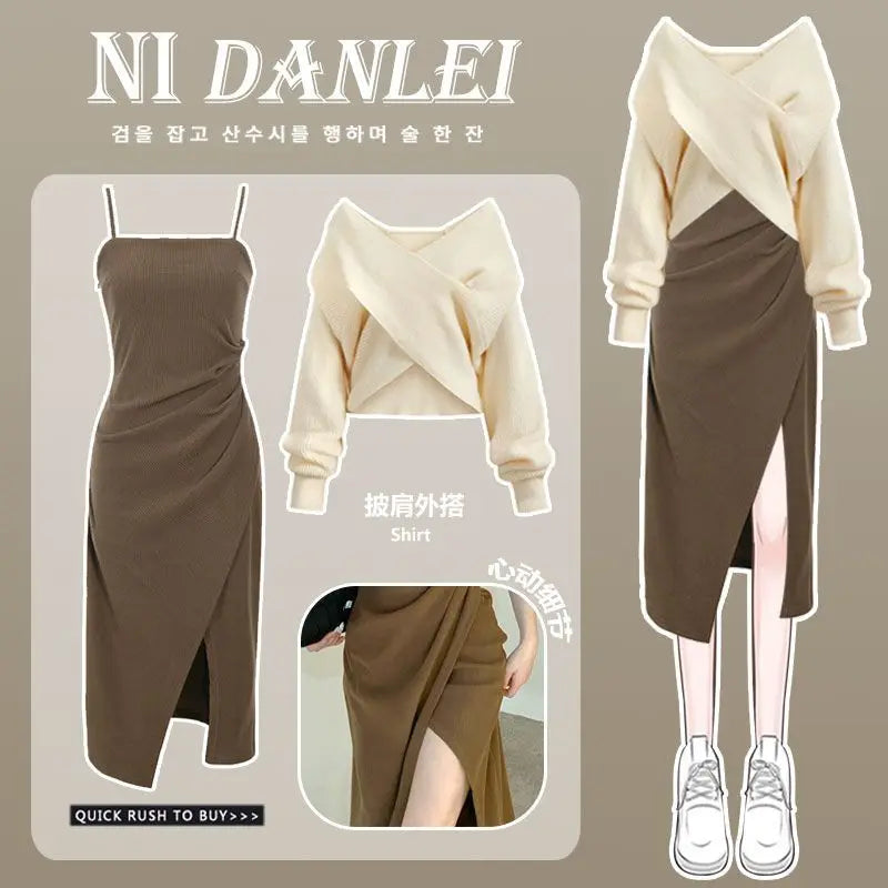 Women Dress 2 Piece Sets Strap Vintage Dresses Long Sleeve Tops Female Outfits New Spring Fall Good Vibrations