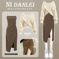 Women Dress 2 Piece Sets Strap Vintage Dresses Long Sleeve Tops Female Outfits New Spring Fall Good Vibrations