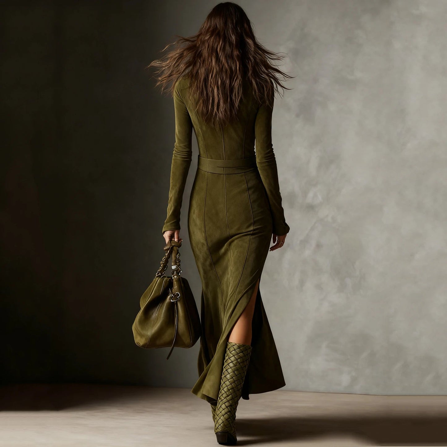 Fashion Western Cowboy Long Dress with Pleated Wrap Design Solid Skinny Flowing Ruffled Hem Maxi Dress Chic Travel Clothes Good Vibrations