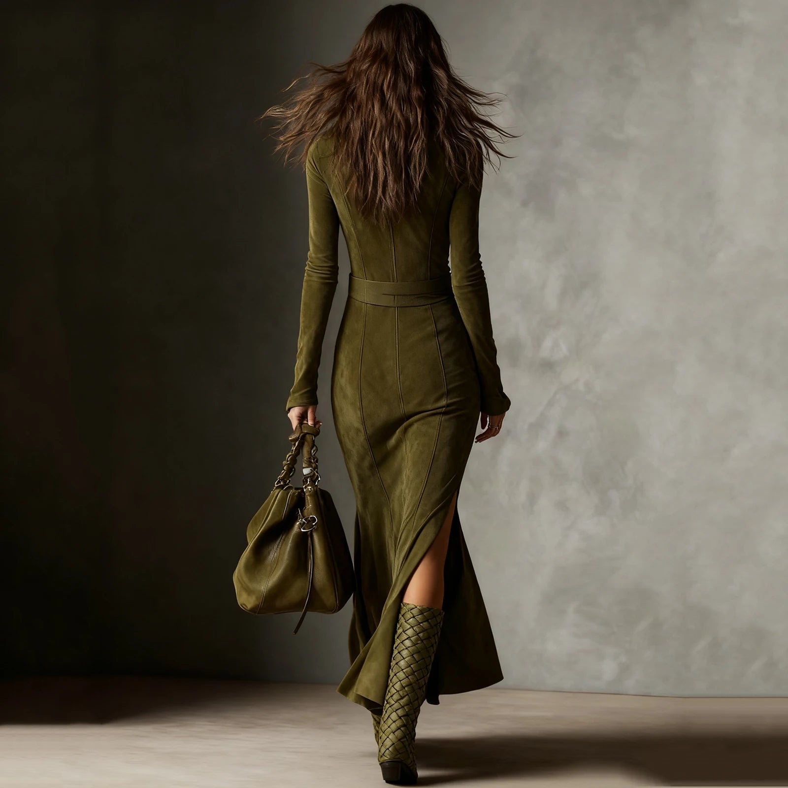 Fashion Western Cowboy Long Dress with Pleated Wrap Design Solid Skinny Flowing Ruffled Hem Maxi Dress Chic Travel Clothes Good Vibrations