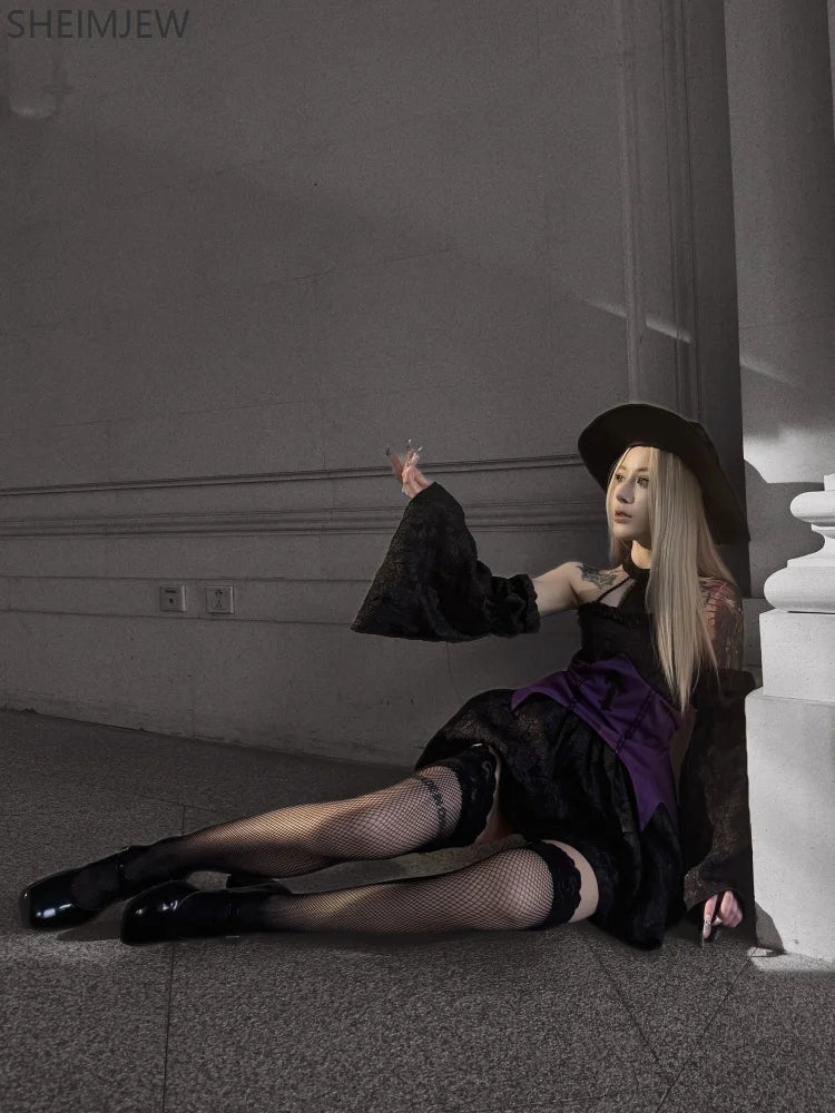 Halloween Witch Costume Role Play Costume Adult Carnival Party Evil Wizard Dress Hat Top Skirt Sleeves Women's Fancy Dress Suit Good Vibrations