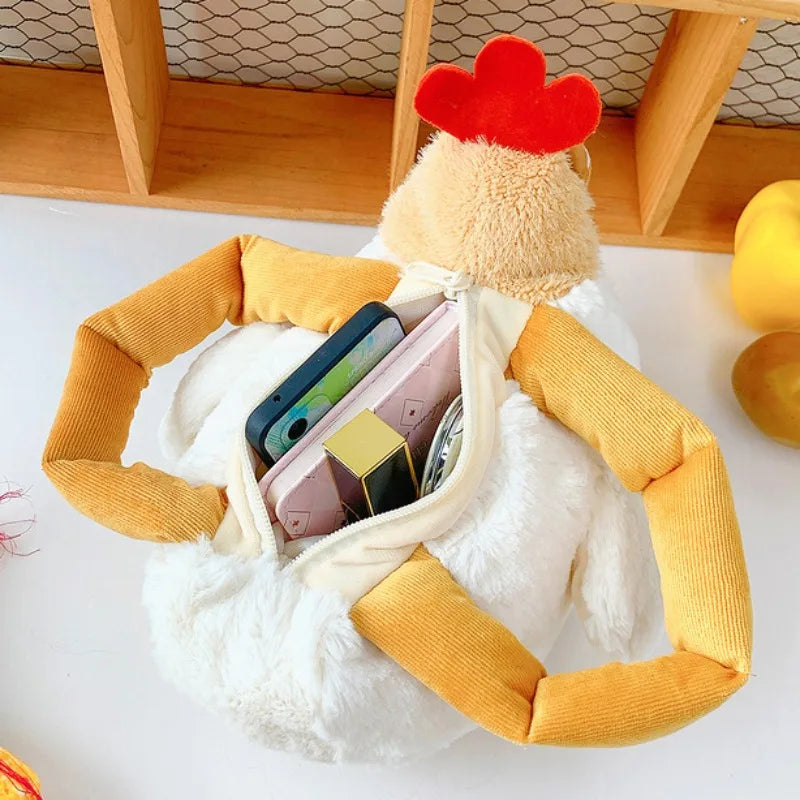 Fur Chicken Plush Bag Ugly Hen Shape Handbag Funny Kawaii Chicken Pendant Keychain Doll Satchel Purse for Women Birthday Gifts Good Vibrations