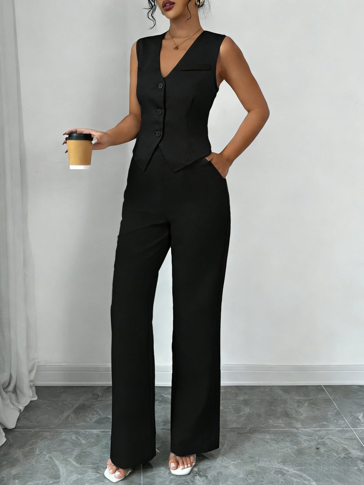 Women's Black Two Piece Outfit Sleeveless V Neck Vest Blazer High Waist Wide Leg Pants Elegant Office Spring Summer Suit Set Good Vibrations