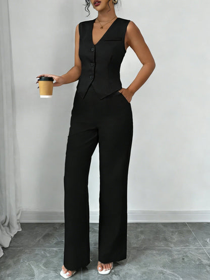 Women's Black Two Piece Outfit Sleeveless V Neck Vest Blazer High Waist Wide Leg Pants Elegant Office Spring Summer Suit Set Good Vibrations