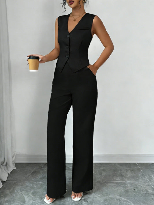 Women's Black Two Piece Outfit Sleeveless V Neck Vest Blazer High Waist Wide Leg Pants Elegant Office Spring Summer Suit Set Good Vibrations