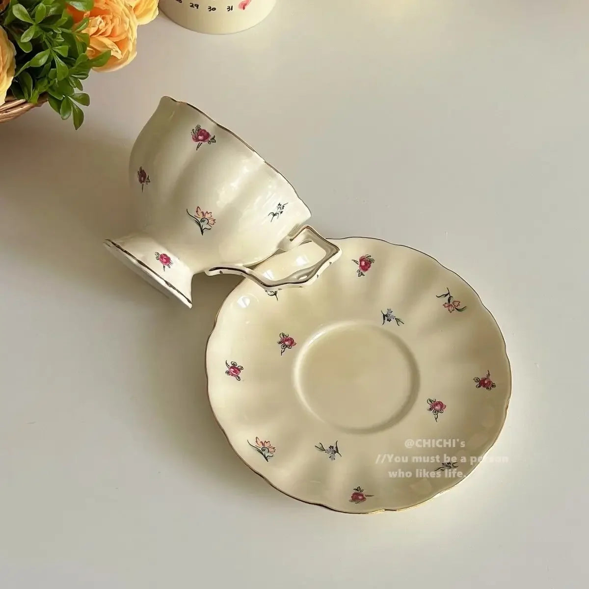 Ceramic Tea Cups Plate Set  Exquisite Afternoon Tea Coffee Cup Cream Color High Beauty Household Mug Birthday Gift 250ml Good Vibrations