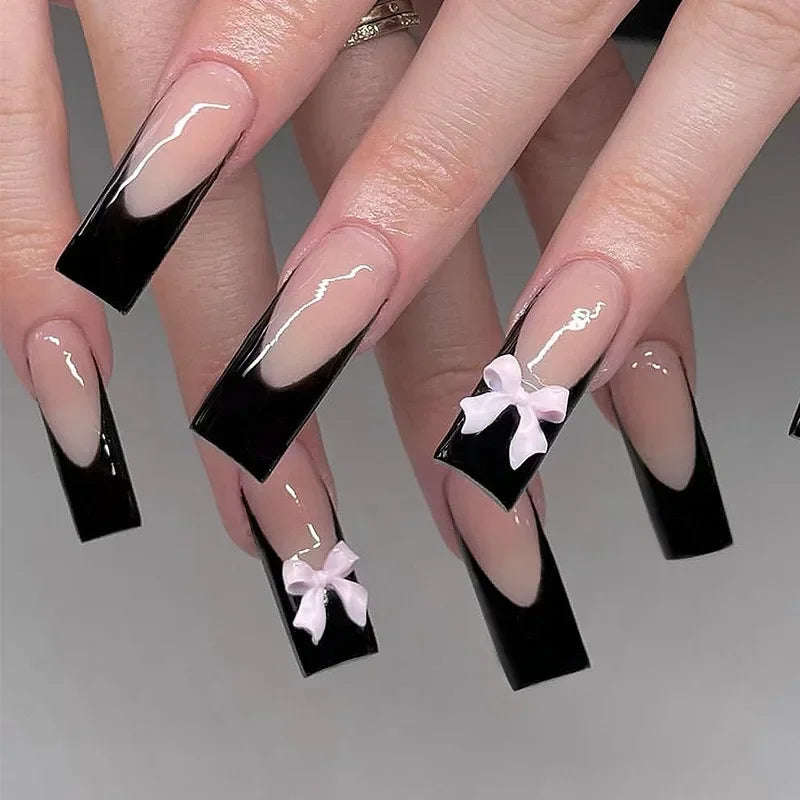 24Pcs Long Coffin French False Nails with Glue Bow Diamond Stick on Press on Acrylic Nails Black Ballerina Nail Art Manicure Tip Good Vibrations