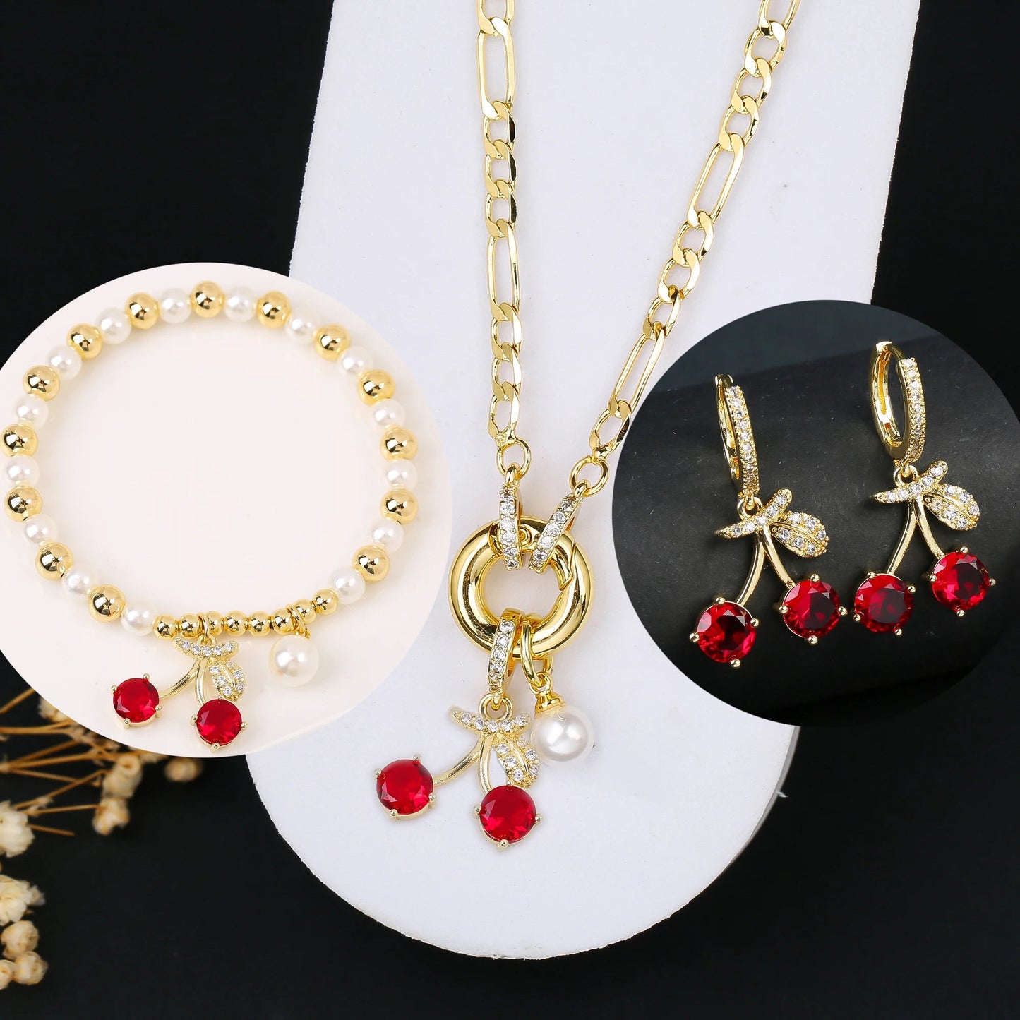 3pcs Hot Sale Shiny Zirconia Crystal Cherry Necklace Bracelet Earrings Jewelry Set Fashion for Woman Girl Wedding Lucky Jewelry Good Vibrations Adult Super Store