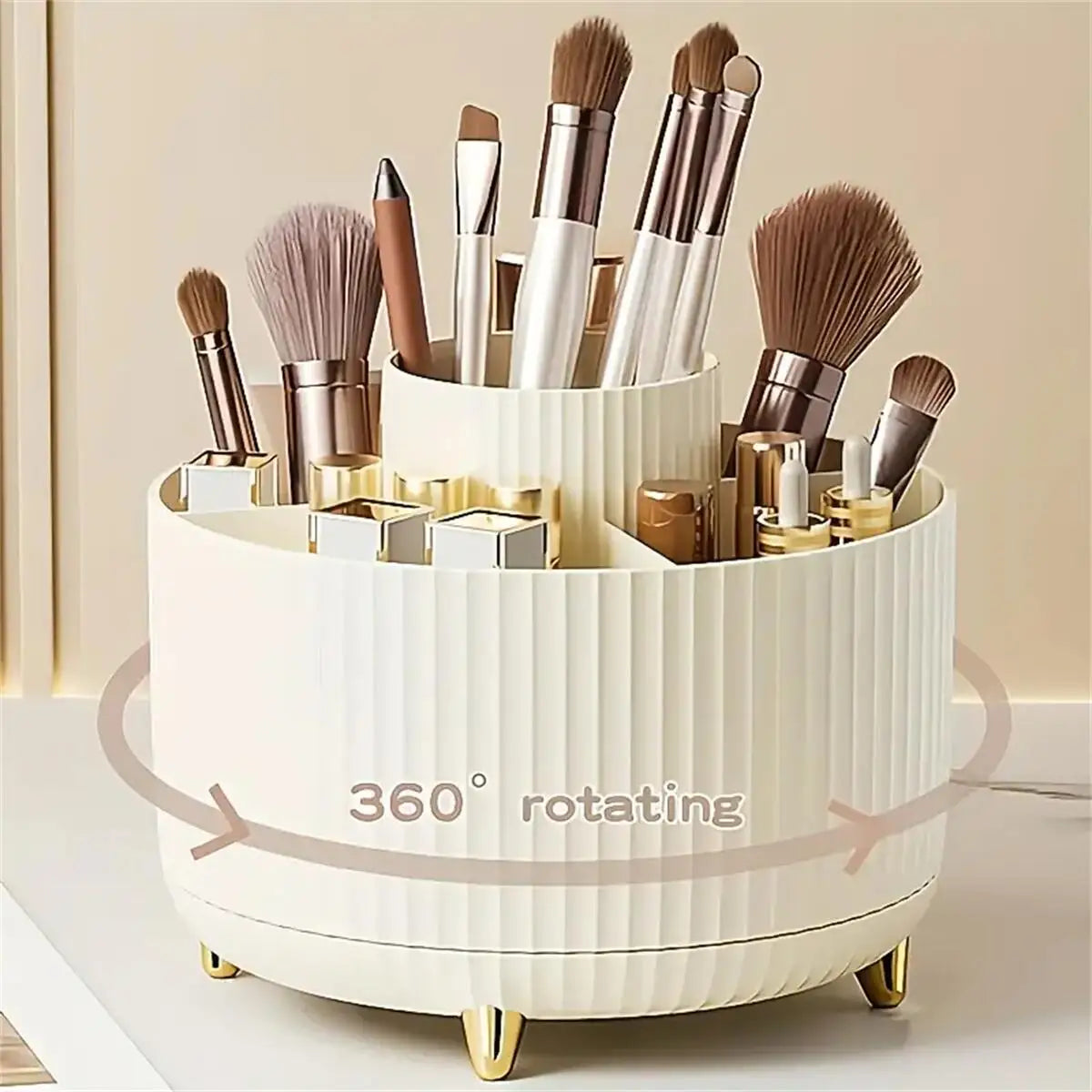 360° Rotating Makeup Organizer - 1pc Plastic Cosmetic Storage with 5 Compartments - Multi-Functional Holder for Brushes Good Vibrations