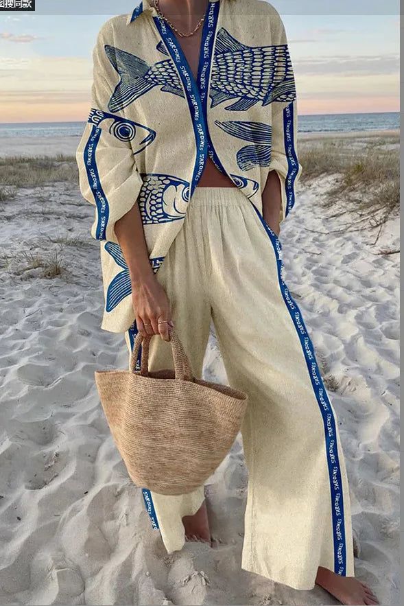 Women's Two Piece Set Print Shirt Pants Suit Single Breasted Lapel Short Sleeve Shirt And Wide Leg Trousers Sets, Lady Outfits Good Vibrations
