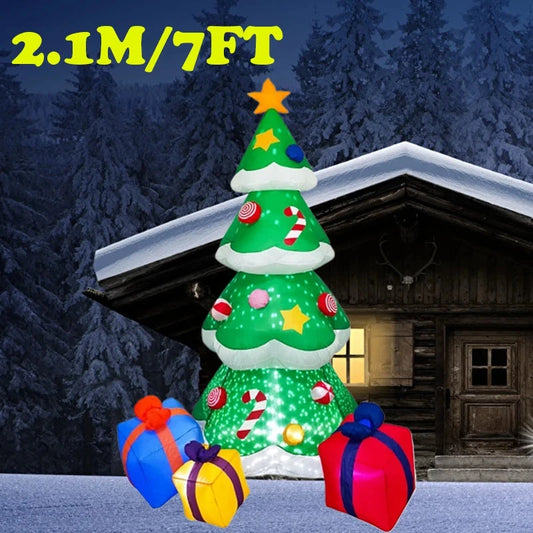 7FT/2.1M Xmas Inflatable Decoration 3 Gift Boxes Christmas Trees with Snow LED Lights Indoor Party Outdoor Garden Props Ornament Good Vibrations