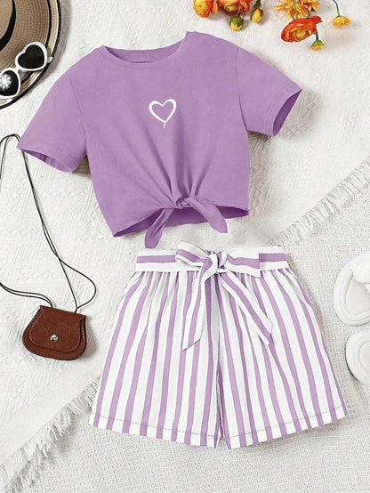 Women's Casual Daily 2-Piece Set Short Sleeve Love Printed Striped Shorts with Random Belt Children's Clothing Good Vibrations