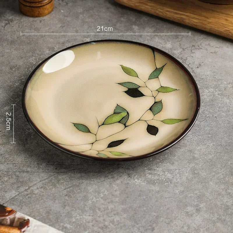 Creative Leaf Round Dinner Plate Retro Home Ramen Bowl Luxury Restaurant Delicious Dishes Ceramic Plates Exquisite Tableware Good Vibrations