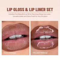 Lip Liner and Gloss Set with Free Lip Oil - Create Gorgeous Glossy Lips with Layer of Nude Lip Oil, lip color,lip Good Vibrations