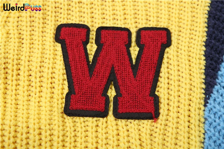 Weird Puss Y2K Cardigan Sweater Women Letter Print Casual Wild V-Neck Button Colorful Patchwork Street Trend Hipster Knit Coat Good Vibrations