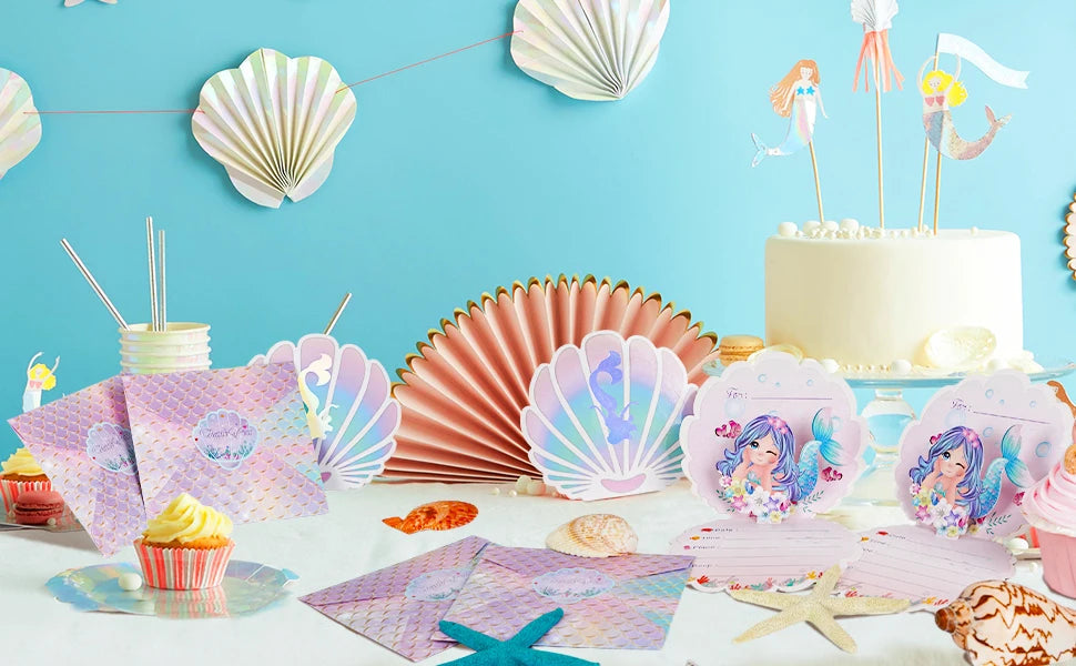 Mermaid Birthday Invitations Girls,3D Pearlescent Invitations Mermaid Party Supplies for Under the Sea Ocean Party Decorations Good Vibrations