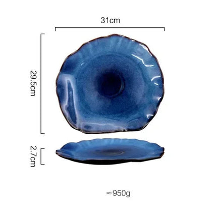 Ceramic Plates Deep Blue Irregular Flat Plate Pottery Dish Household Decoration Tableware Dinnerware Tray Hotel Kitchen Supplies Good Vibrations