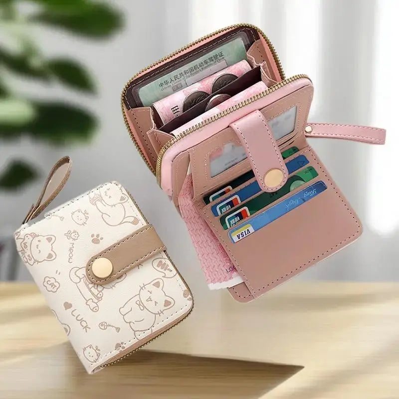 Cute Cat PU Leather Coin Purse Women Fashion Short Wallet Folding Zipper Wallet ID Card Holder Travel Lightweight Cash Coin Bags Good Vibrations