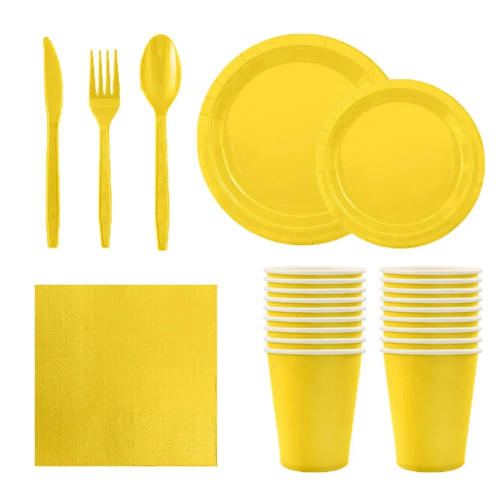 Solid Yellow boda party tableware set cumpleaños decoracion bachelorette Birthday Tableware Paper Napkins Cups Plates Tablecloth Good Vibrations