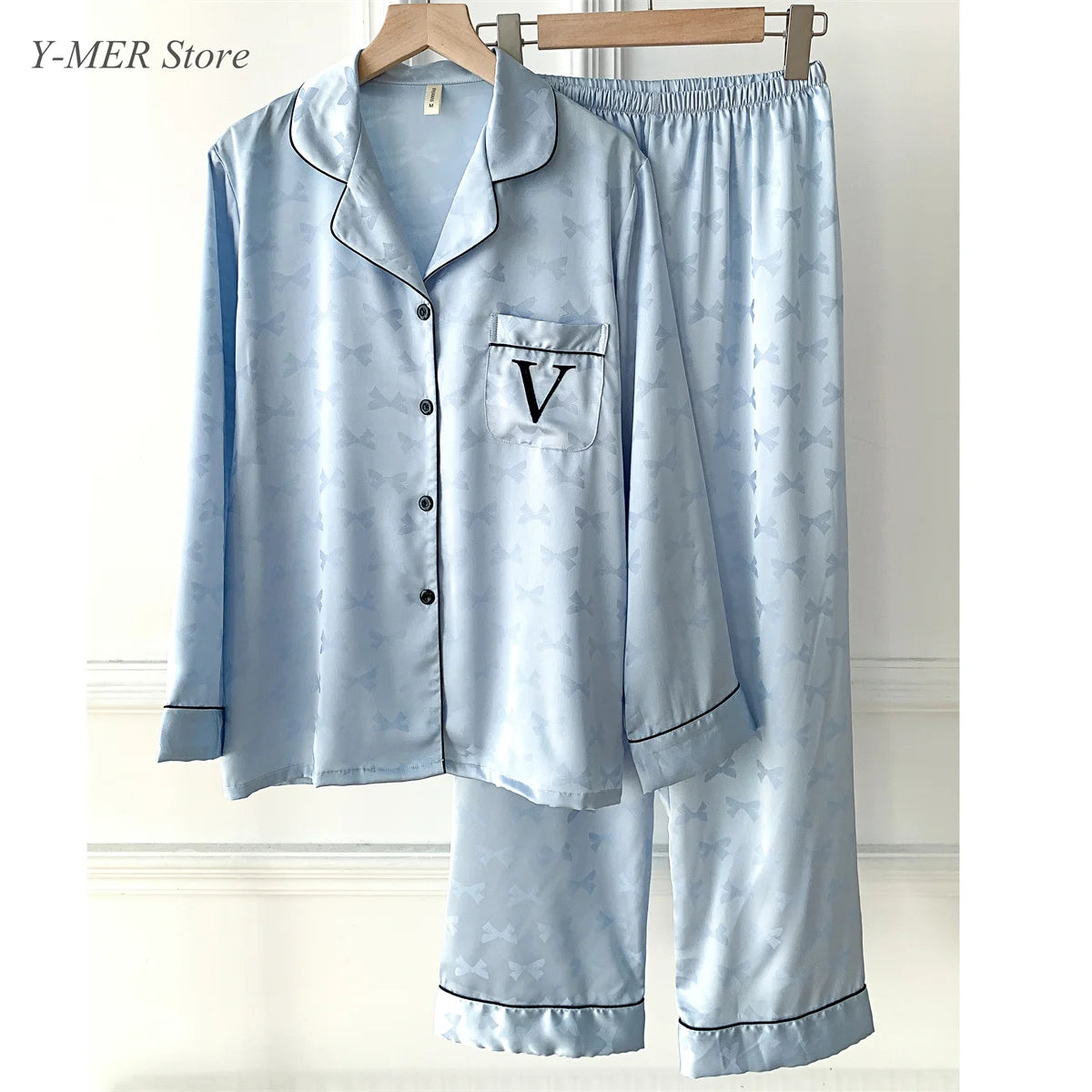 Pink Pajamas Set Bow Print 2Piece Set Women Rayon Homewear Long Sleeve Trousers Suit Lapel Loungewear Nightwear Casual Outfit Good Vibrations